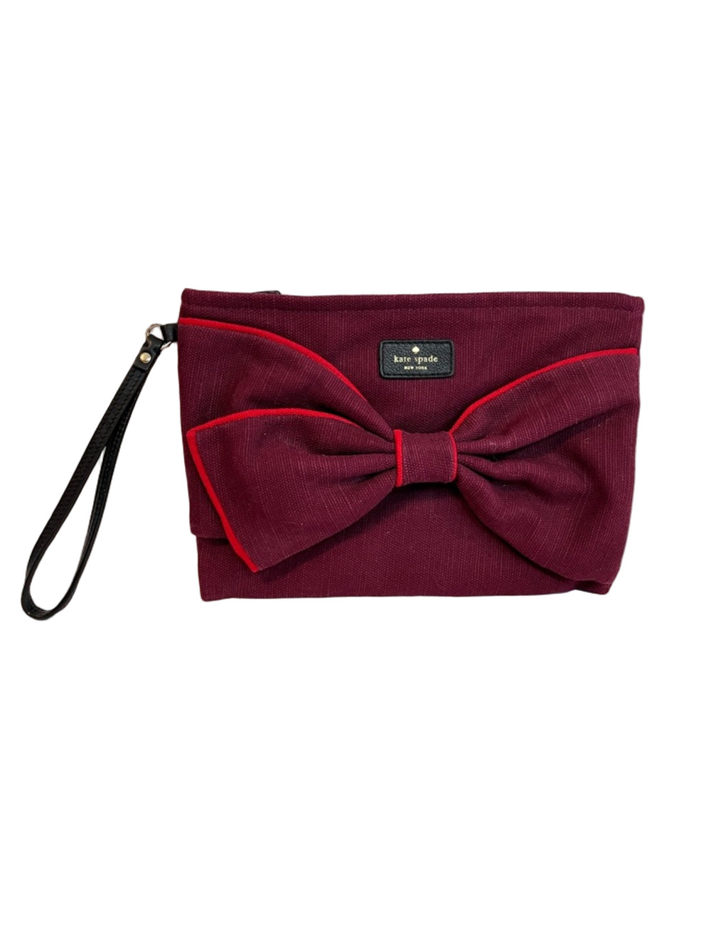 Kate Spade On Purpose Burgundy Canvas Bow Wristlet Clutch Red Piping Coquette